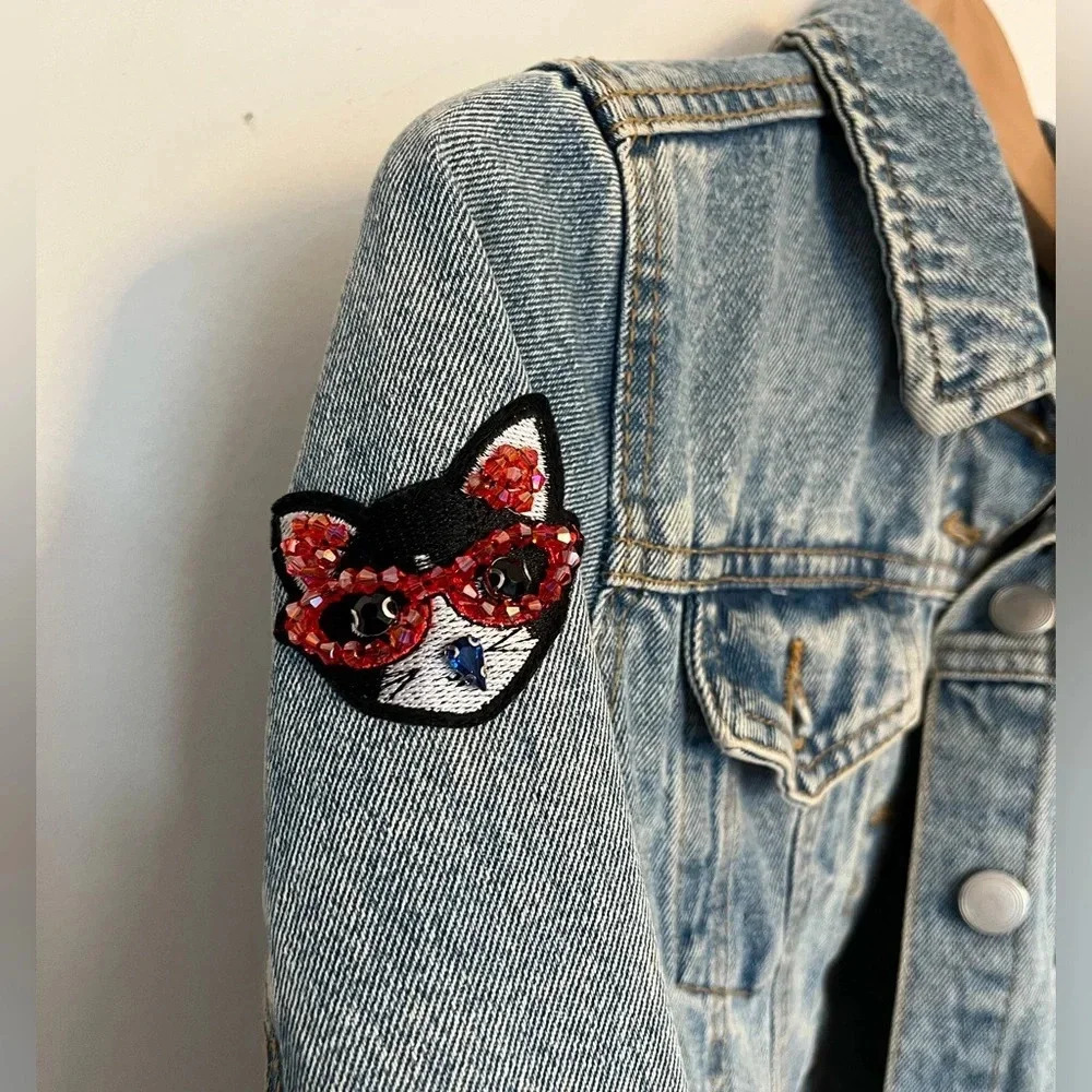 DD77 jeans jacket custom made POW💥 diamond and cat sequin patches sz small - Picture 6 of 9